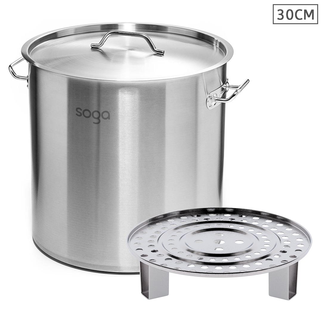 SOGA 30cm Stainless Steel Stock Pot with One Steamer Rack Insert Stockpot Tray