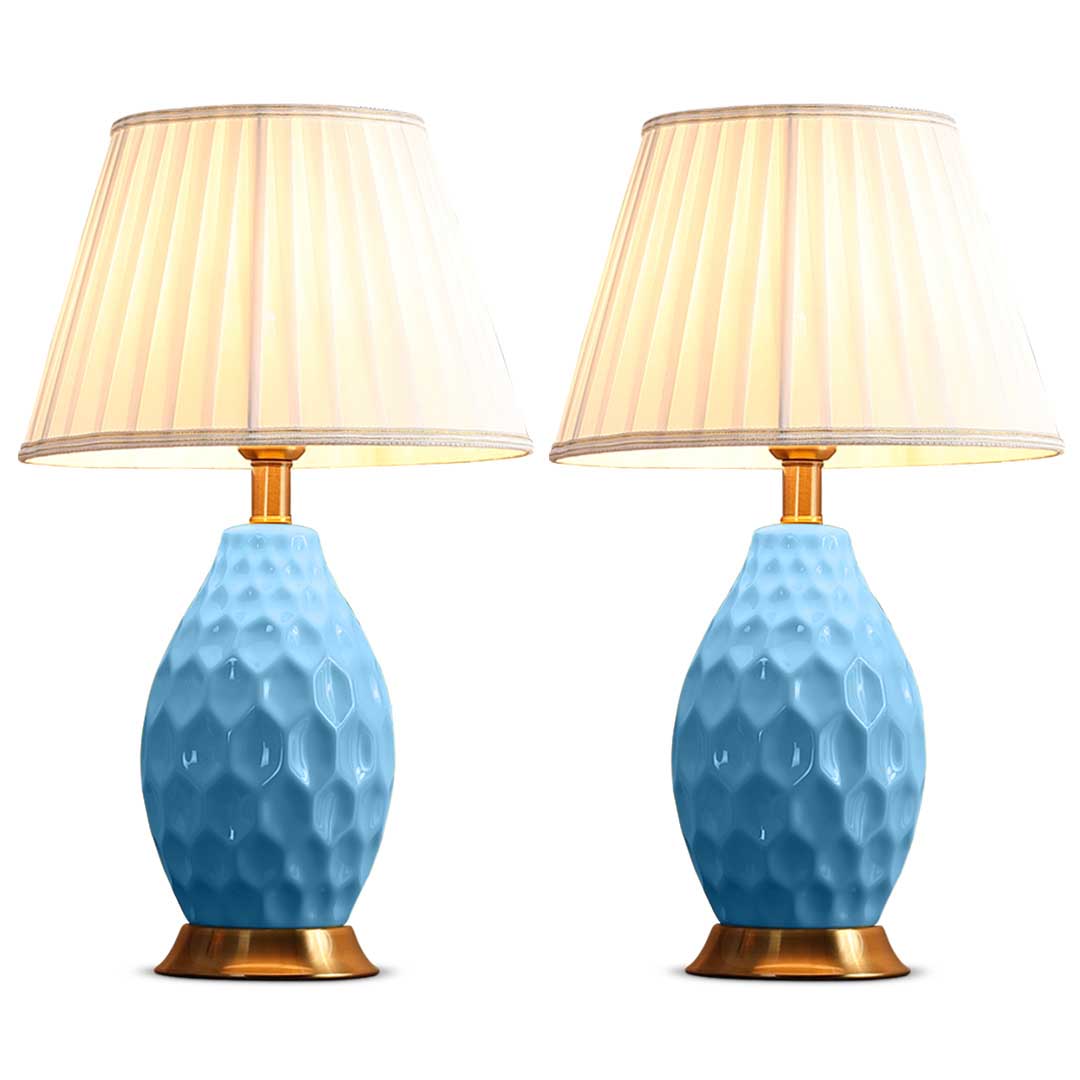 SOGA 2x Textured Ceramic Oval Table Lamp with Gold Metal Base Blue