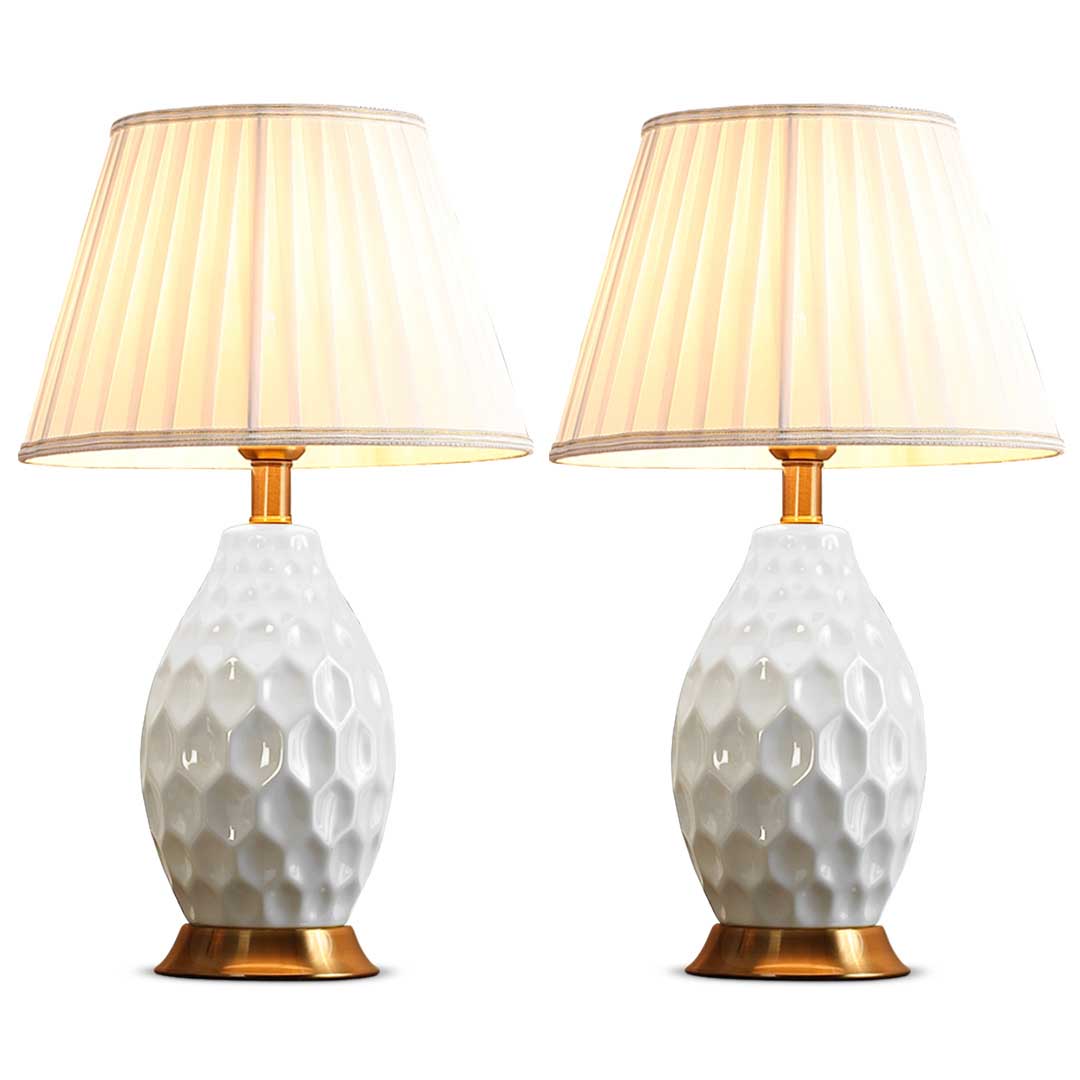 SOGA 2x Textured Ceramic Oval Table Lamp with Gold Metal Base White