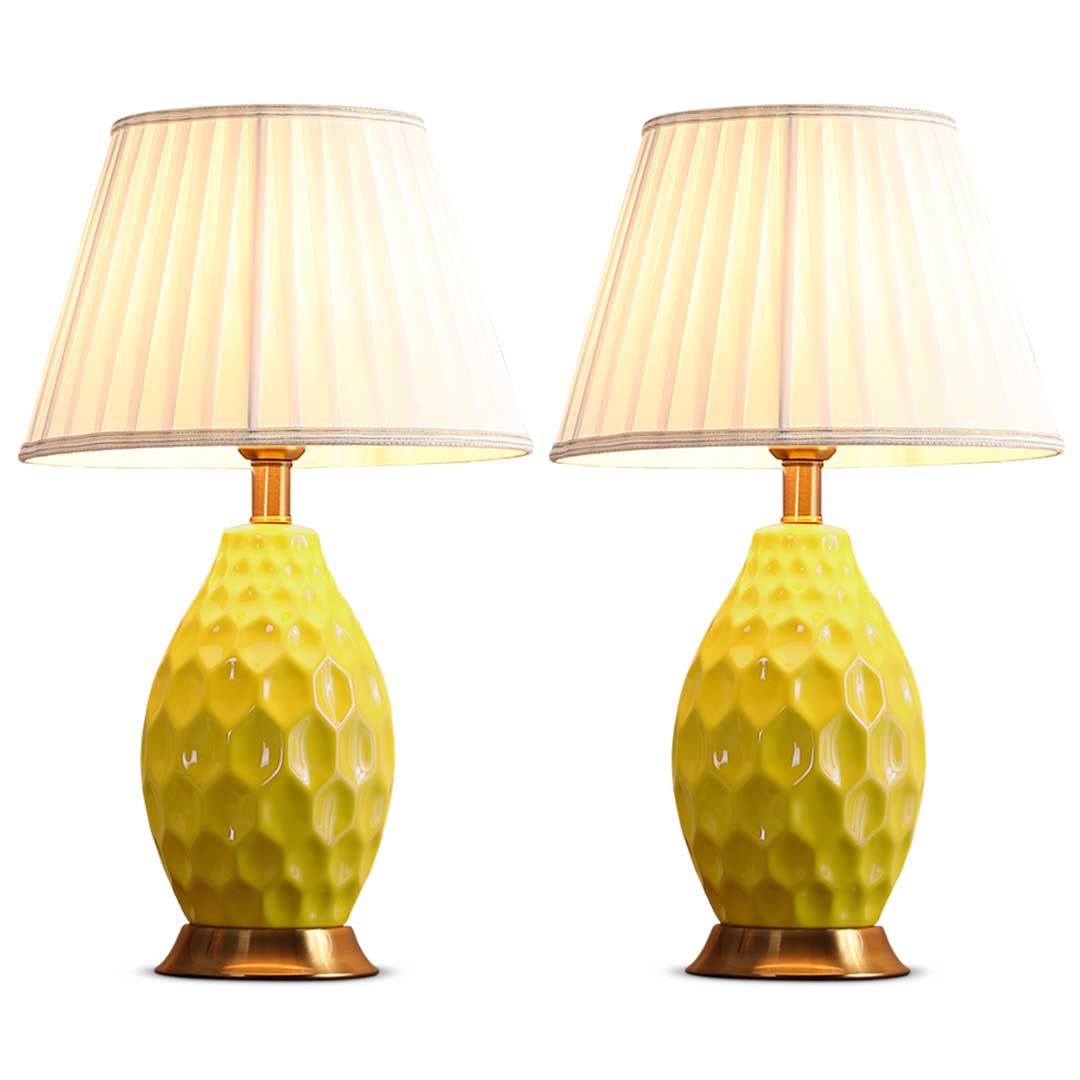 SOGA 2x Textured Ceramic Oval Table Lamp with Gold Metal Base Yellow