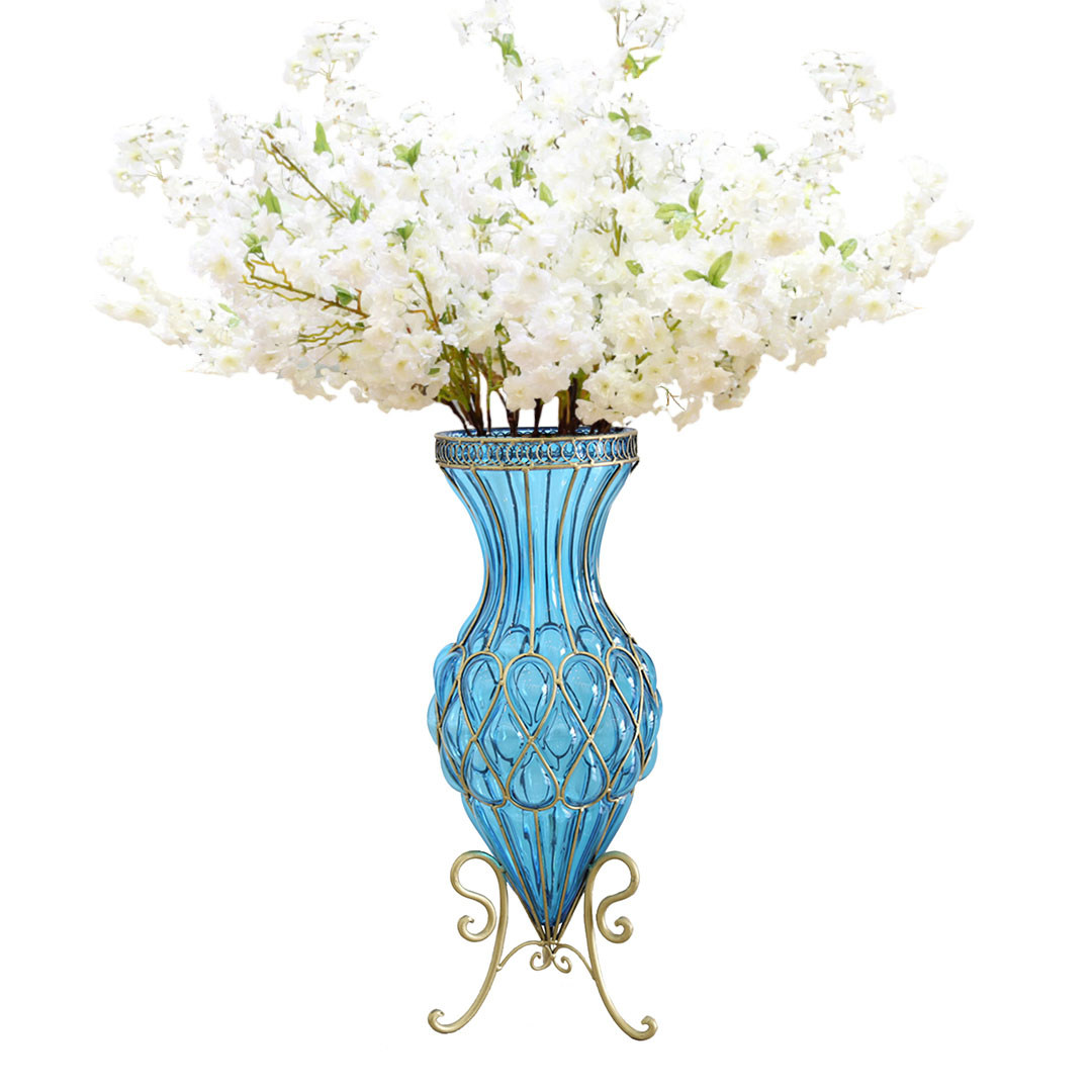 SOGA 67cm Blue Glass Tall Floor Vase with 10pcs White Artificial Fake Flower Set