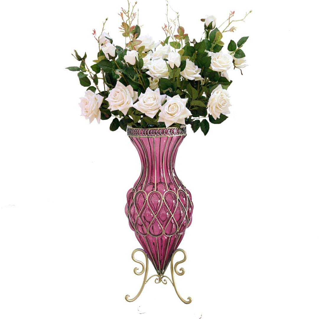 SOGA 67cm Purple Glass Tall Floor Vase and 12pcs White Artificial Fake Flower Set