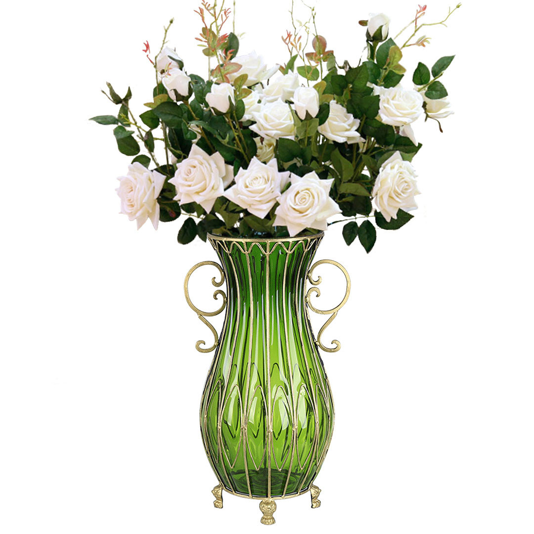 SOGA 51cm Green Glass Tall Floor Vase with 12pcs White Artificial Fake Flower Set
