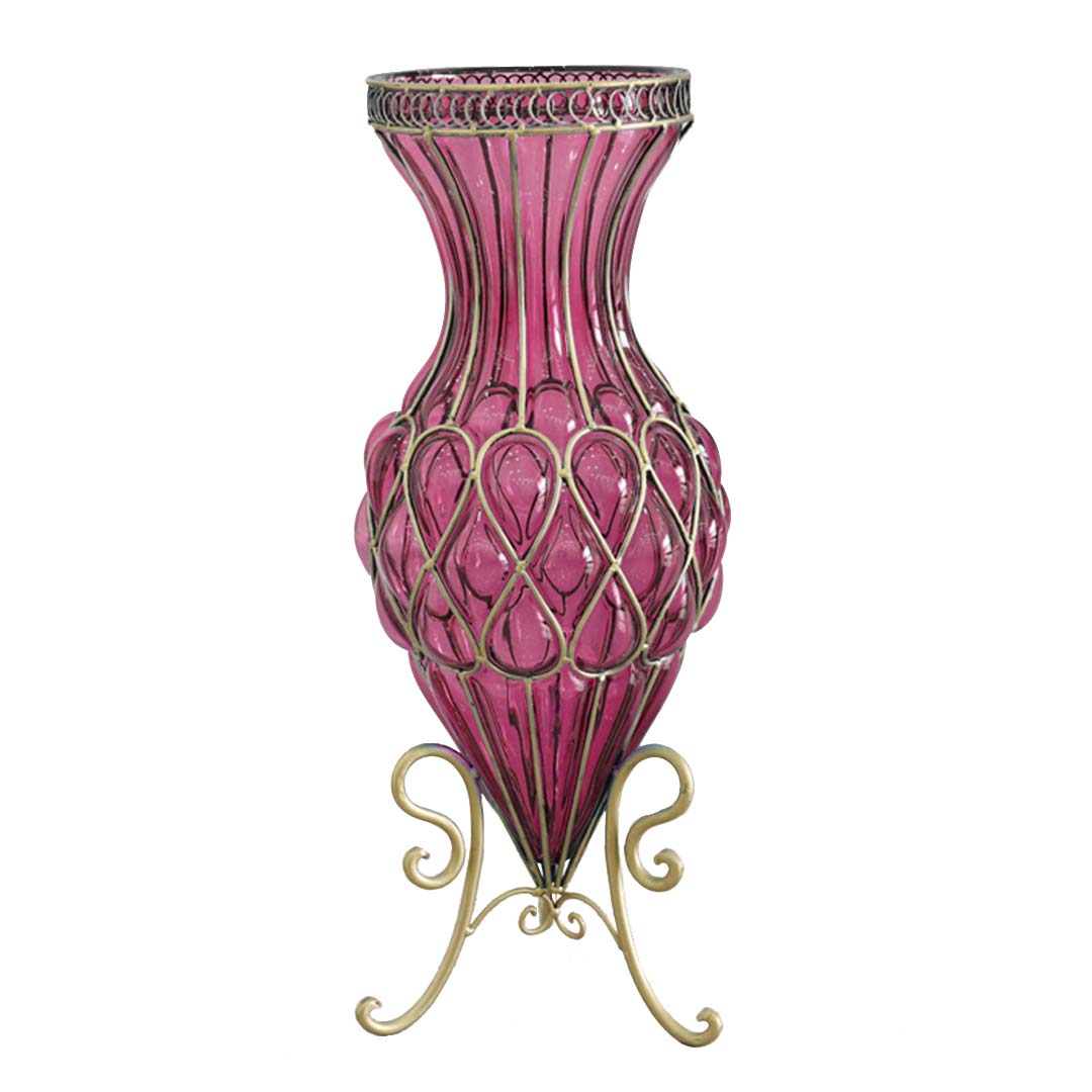 SOGA 65cm Purple Glass Tall Floor Vase with Metal Flower Stand