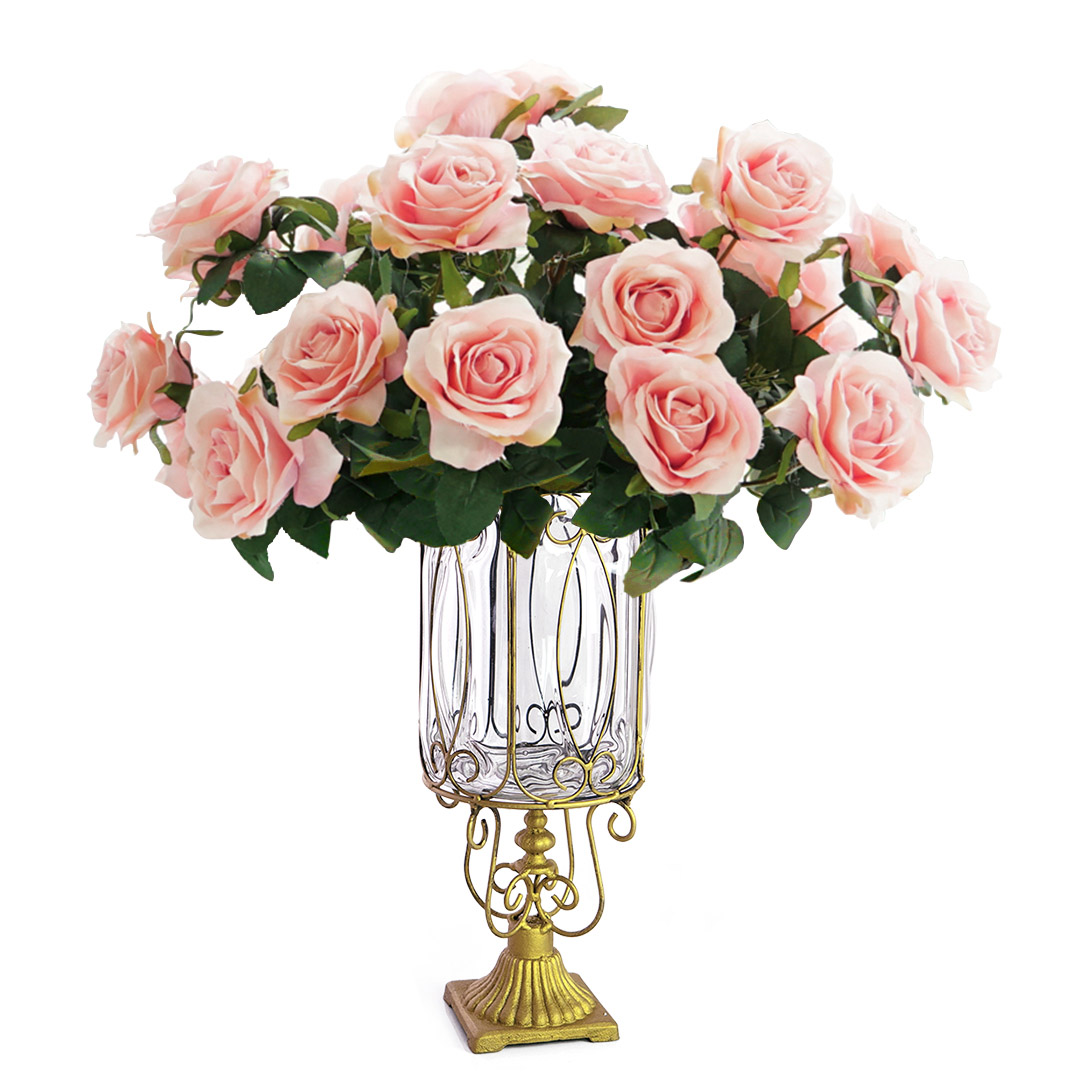 SOGA Clear Glass Cylinder Flower Vase with 4 Bunch 9 Heads Artificial Fake Silk Rose Home Decor Set
