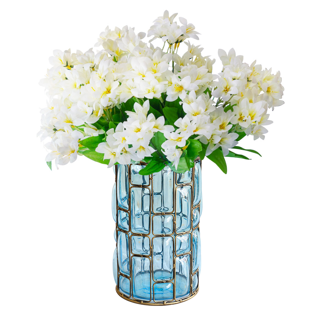 SOGA Blue Glass Cylinder Flower Vase with 10 Bunch 6 Heads Artificial Fake Silk Lilium nanum Home Decor Set