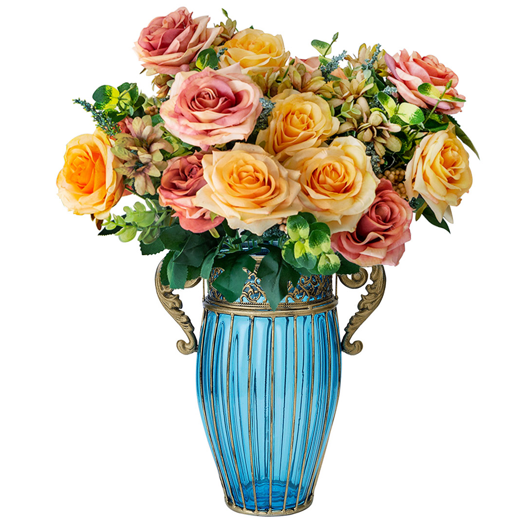 SOGA Blue Colored Glass Flower Vase with 4 Bunch 11 Heads Artificial Fake Silk Rose Home Decor Set
