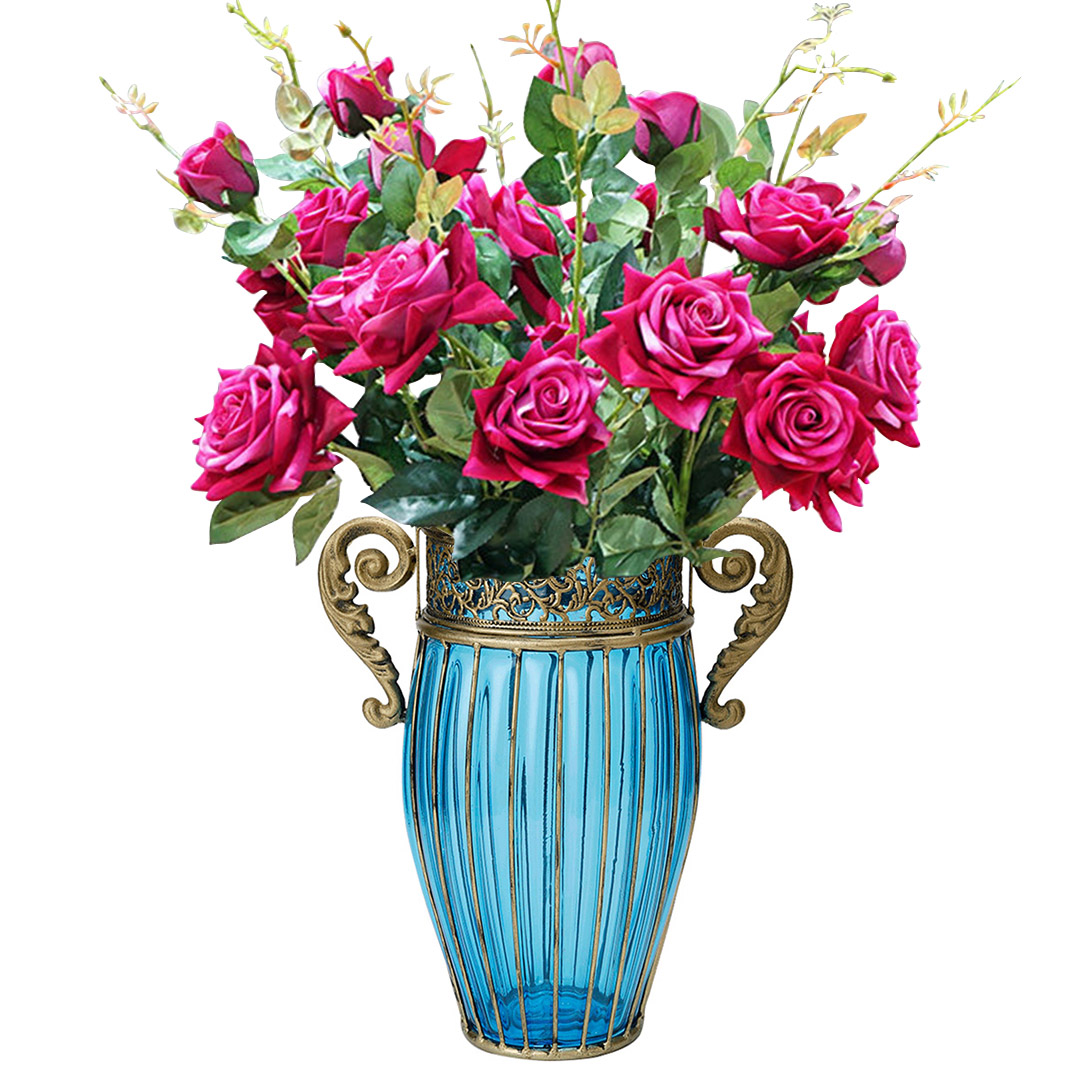 SOGA Blue Colored Glass Flower Vase with 8 Bunch 5 Heads Artificial Fake Silk Rose Home Decor Set