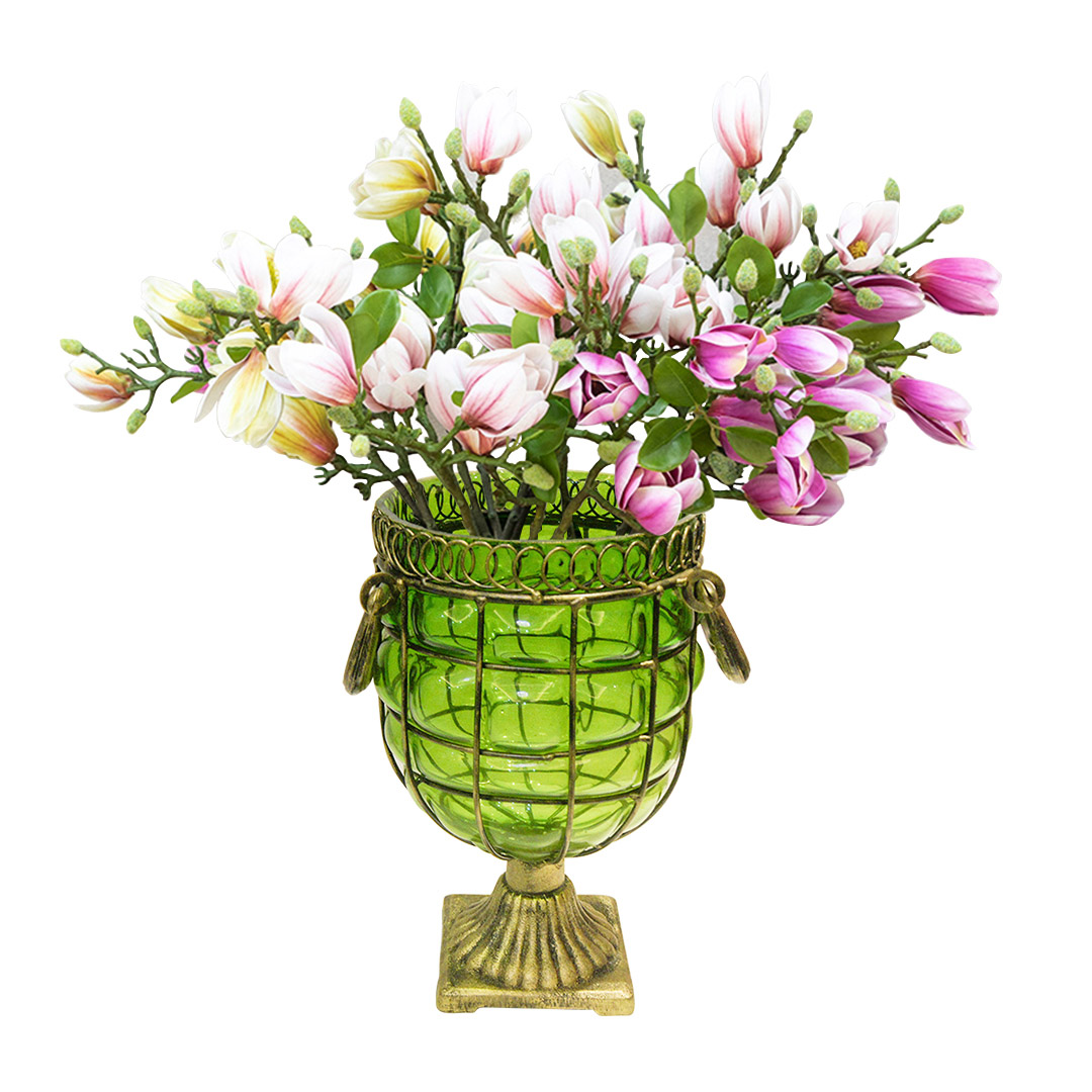 SOGA Green Glass Flower Vase with 6 Bunch 4 Heads Artificial Fake Silk Magnolia denudata Home Decor Set