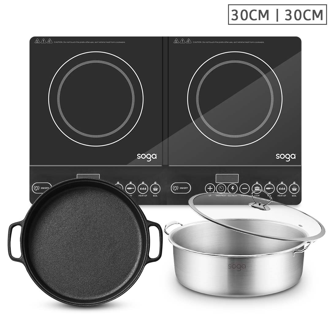 SOGA Dual Burners Cooktop Stove, 30cm Cast Iron Frying Pan Skillet and 30cm Induction Casserole