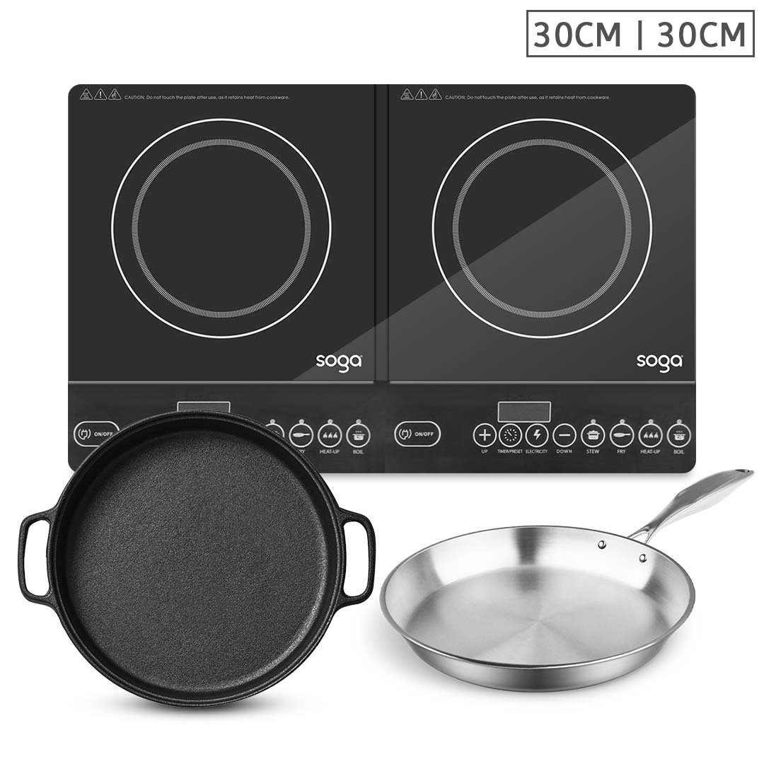 SOGA Dual Burners Cooktop Stove, 30cm Cast Iron Frying Pan Skillet and 30cm Induction Fry Pan