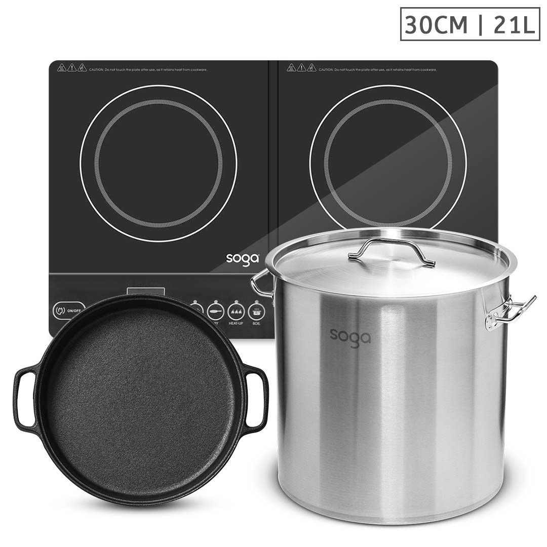 SOGA Dual Burners Cooktop Stove, 30cm Cast Iron Skillet and 21L Stainless Steel Stockpot 30cm