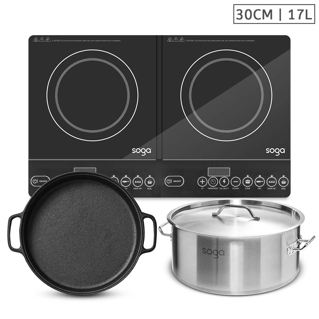 SOGA Dual Burners Cooktop Stove, 30cm Cast Iron Skillet and 17L Stainless Steel Stockpot