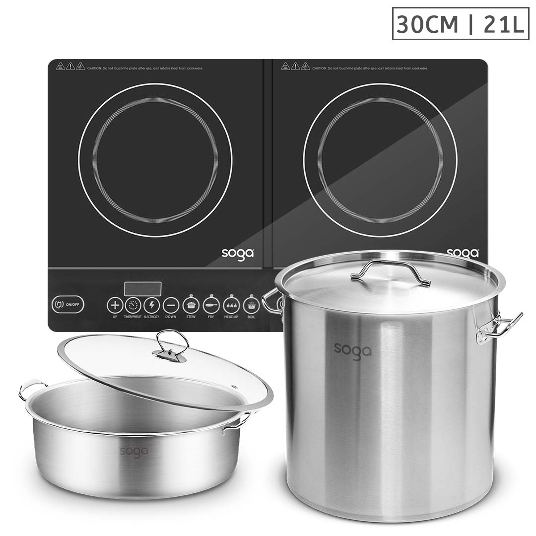 SOGA Dual Burners Cooktop Stove, 21L Stainless Steel Stockpot 30cm and 30cm Induction Casserole