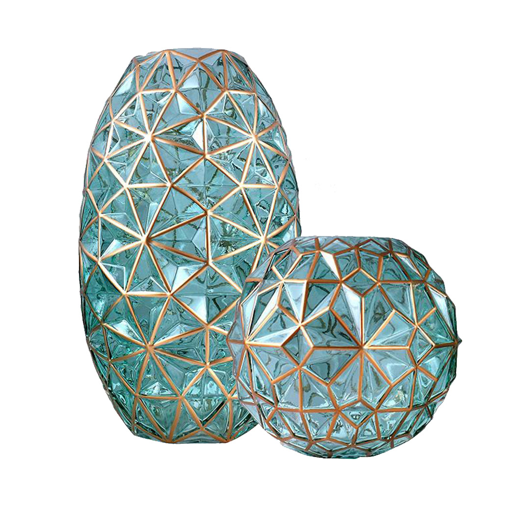 SOGA 2X Green Colored Diamond Cut Glass Flower Vase Round Jar Home Decor with Gold Accent