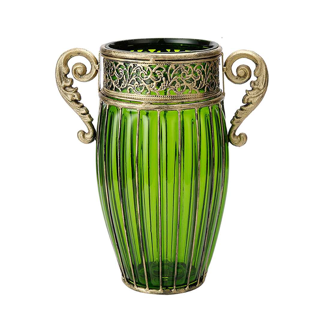 SOGA Green European Colored Glass Home Decor Jar Flower Vase with Two Metal Handle