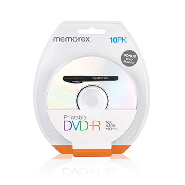 MEMOREX Printable White Top DVD-R 4.7G 16x 10PCs/Pack with Bonus Mark Pen