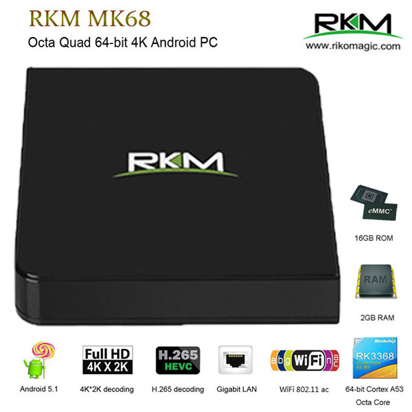 RKM MK68 OCTA CORE 4K ANDRIOD MINI PC with 2G / 16G ,LOLIPOP 5.1,BT,GLAN,Dual Band Wifi