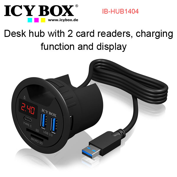 ICYBOX IB-Hub1404 Desk hub with 2 card readers, charging function and display