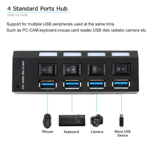 UK/US/AU/EU Plug USB 3.0 Hub Multi USB Splitter 4 Ports 5Gbps Speed Use Power Adapter With Switch For Mobile phone computer D30 3