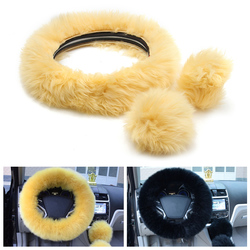 3Pcs Plush Wool Soft Car Steel Ring Wheel Cover Woolen Auto Handbrake Shift Knob Guard 2