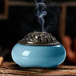 Ceramic Incense Burner Censer Coil Stick Holder Ash Catcher w/ Alloy Cover Aromatherapy Decor 2
