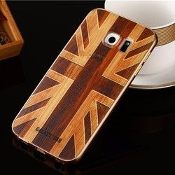 Wooden Pattern Hard Back Case Gold Alloy Frame Protective Shell for Samsung Galaxy S6 Edge 1