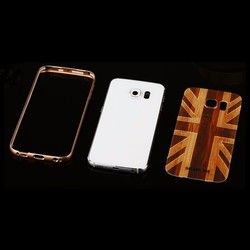 Wooden Pattern Hard Back Case Gold Alloy Frame Protective Shell for Samsung Galaxy S6 Edge 5