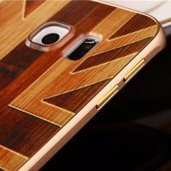 Wooden Pattern Hard Back Case Gold Alloy Frame Protective Shell for Samsung Galaxy S6 Edge 7