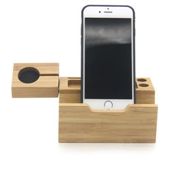 Natural Bamboo USB Charging Dock Stand Holder Bracket for Mobile Phone Smart Watch 2
