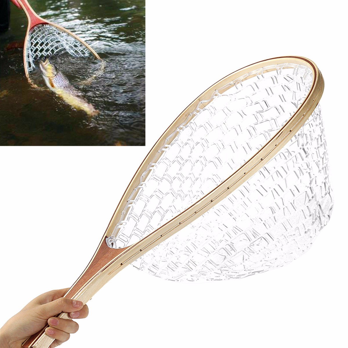 58CM Wooden Handle Fly Fish Fishing Landing Trout Clear Rubber Net Mesh Catch Tackle 2