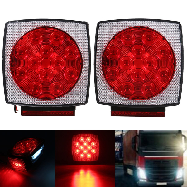 12V Truck Trailer LED Square Rear Brake Lamp Tail Plate Lights Stud Mount Red Orange White 1