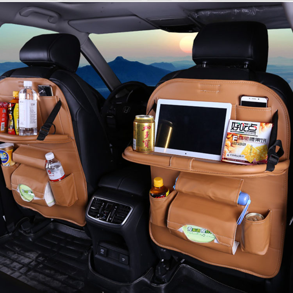 Microfiber Leather Car Seat Back Foldable Food Table Storage Bag Multi-functional Phone Organizer 1