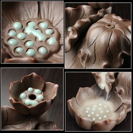 Pottery Crafts Lotus Pond Backflow Incense Burner Holder Censer With 5 Cones UK 3