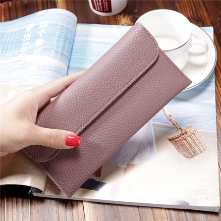 Women Litchi Pattern Solid Color Card Slot Wallet Bag Purse Handbag For Smartphone iPhone Samsung 3