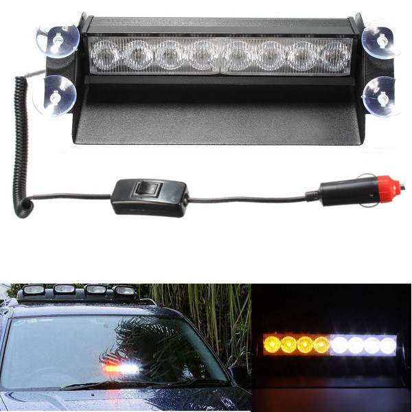 8 LED Car Strobe Flash Warning Light Emergency Sucker Wind Shield White&Amber 2