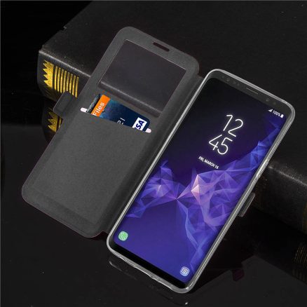 Window View Magnetic Flip Bracket Card Slot TPU Leather Protective Case for Samsung Galaxy S9 Plus 4