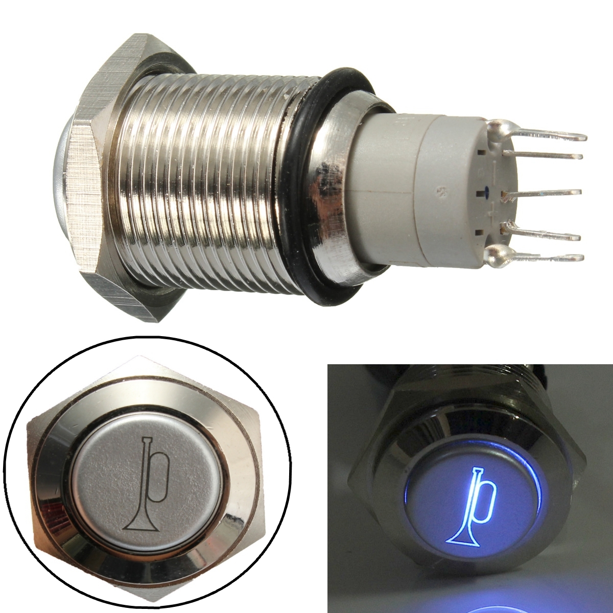 12V 16mm Waterproof Momentary Horn Metal Push Button Switch Blue LED Lighted 1