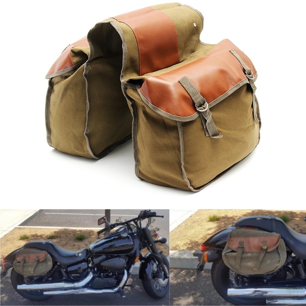 Motorcycle Bike Side Saddle Bag Canvas Luggage Khaki Bag 2