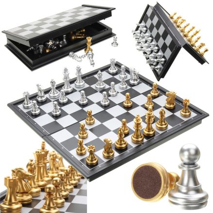 Chess Game Silver Gold Pieces Folding Magnetic Foldable Board Contemporary Set 1