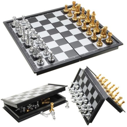 Chess Game Silver Gold Pieces Folding Magnetic Foldable Board Contemporary Set 2