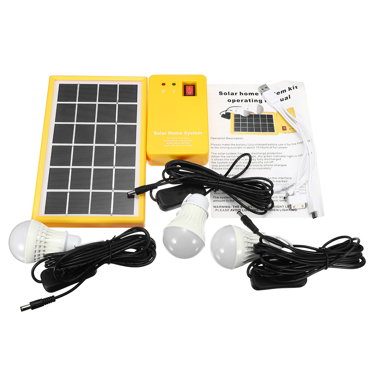 Solar Power Panel Generator Kit 5V USB Charger Home System with 3 LED Bulbs Light 1