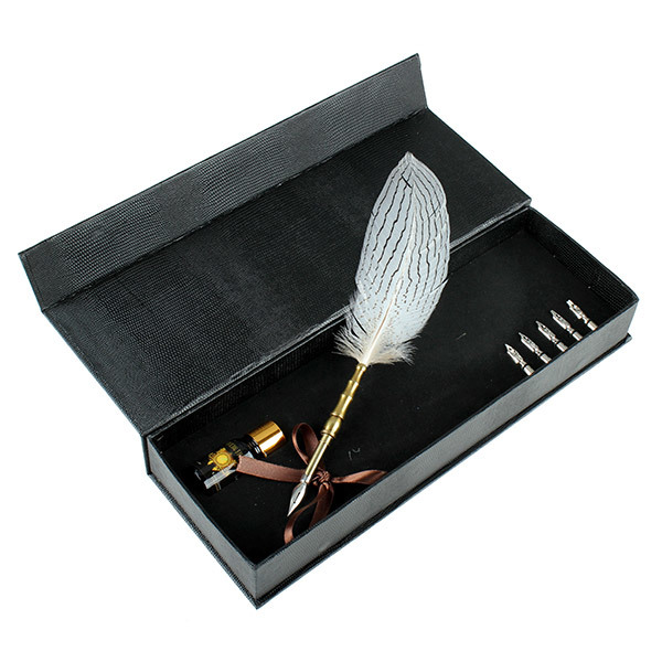 LS820-E White Silver Pheasant Dip Pen Quill Pen Gift Set Ink Included 2