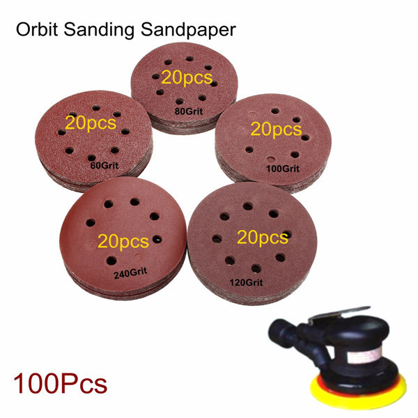 100pcs 125mm 8 Holes Abrasive Sand Discs 60-240 Grit Sanding Papers 2