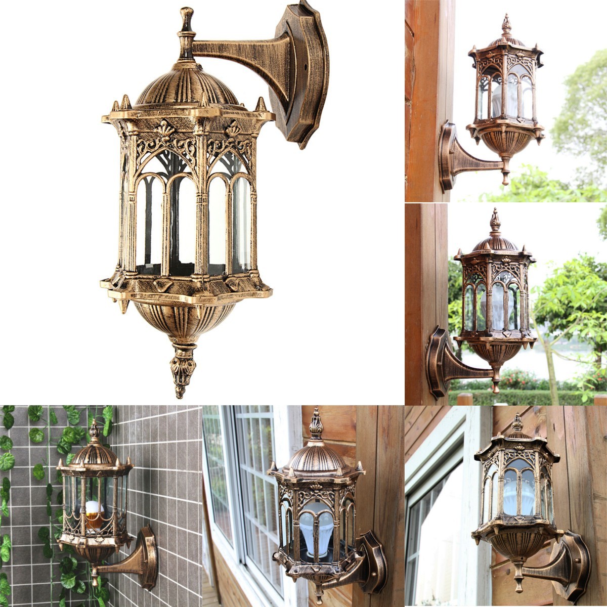 Outdoor Bronze Antique Exterior Wall Light Fixture Aluminum Glass Lantern Garden Lamp 2