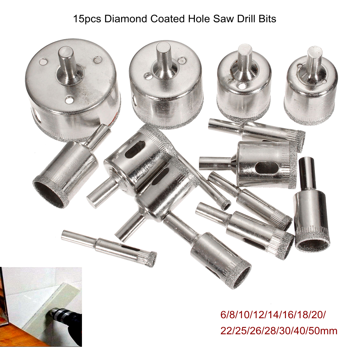 15Pcs 6-50mm Diamond Hole Saw Drill Bit Set 100 Grits Tile Ceramic Glass Marble Drill Bits 2 15Pcs 6-50mm Diamond Hole Saw Drill Bit Set 100 Grits Tile Ceramic Glass Marble Drill Bits - Image 2