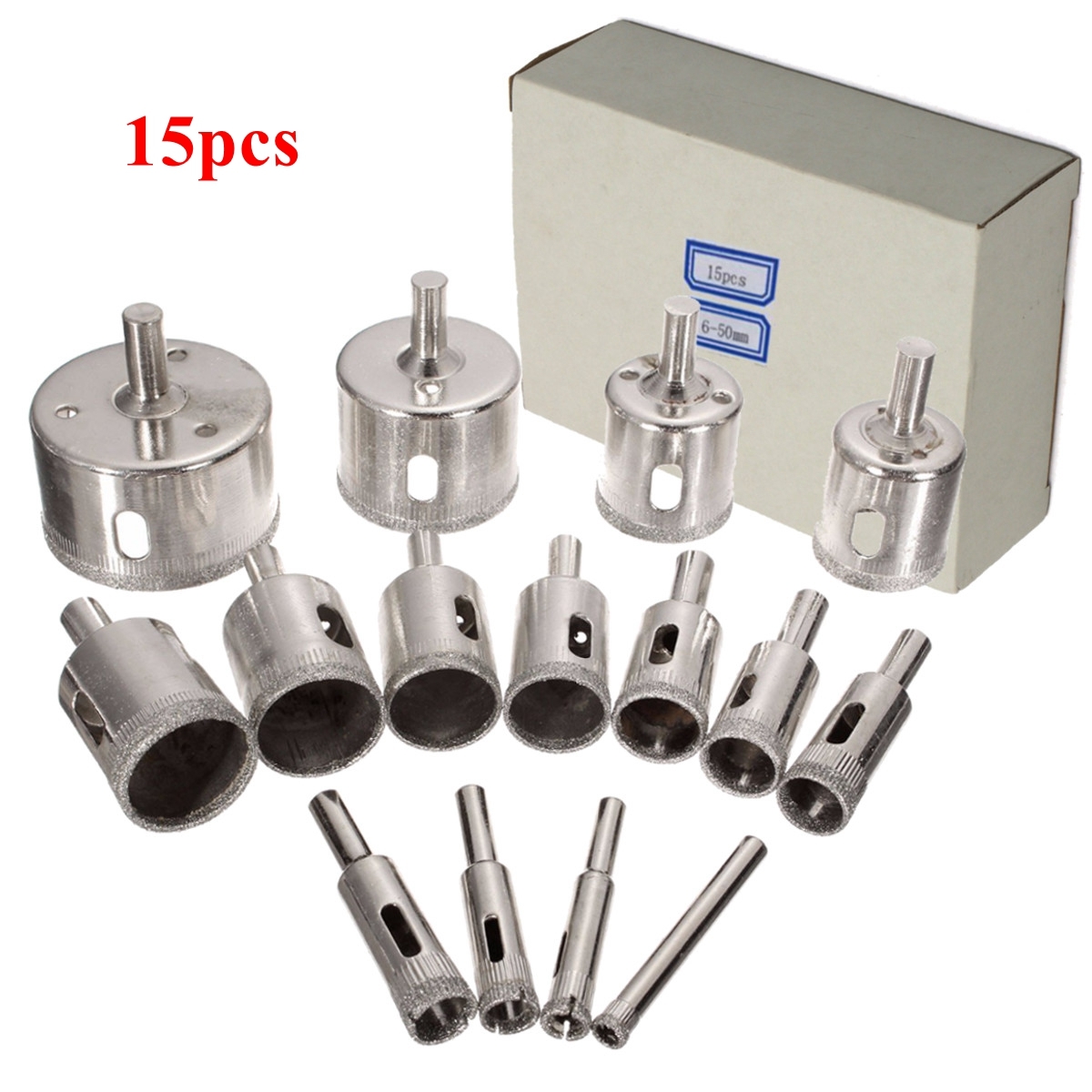 15Pcs 6-50mm Diamond Hole Saw Drill Bit Set 100 Grits Tile Ceramic Glass Marble Drill Bits 3 15Pcs 6-50mm Diamond Hole Saw Drill Bit Set 100 Grits Tile Ceramic Glass Marble Drill Bits - Image 3