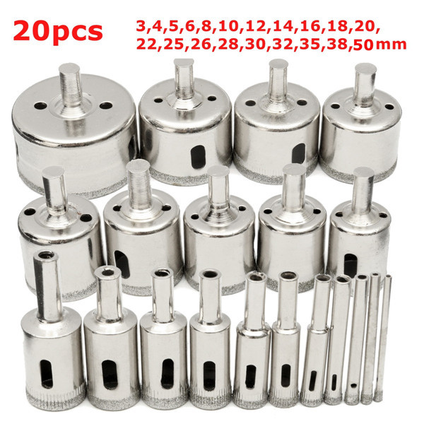 20Pcs Diamond Coated Core Drill Bit Set 3-50mm Hole Saw Cutter for Glass Marble Granite 2