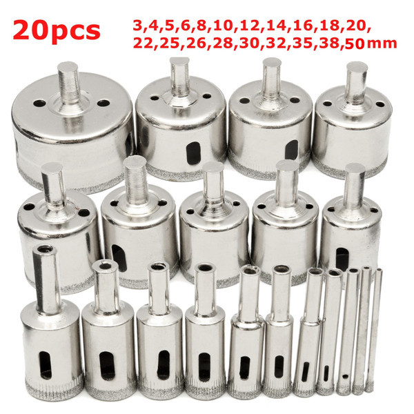 20Pcs Diamond Coated Core Drill Bit Set 3-50mm Hole Saw Cutter for Glass Marble Granite 1 20Pcs Diamond Coated Core Drill Bit Set 3-50mm Hole Saw Cutter for Glass Marble Granite