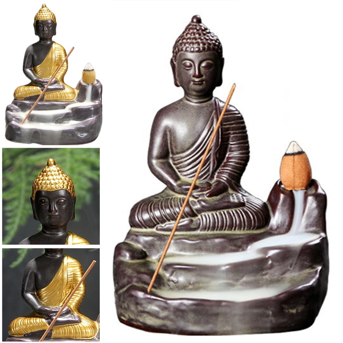 Ceramic Buddha Incense Statue Buddhist Smoke Backflow Cone Censer Burner Holder Home Decor 2